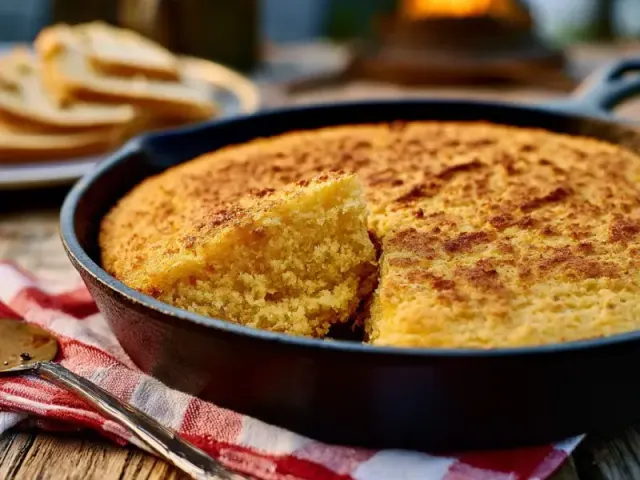 Cast Iron Camping Cornbread Skillet Over a Campfire